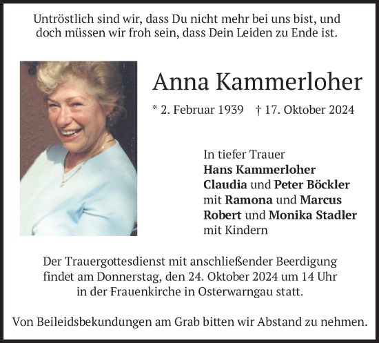 Traueranzeige von Anna Kammerloher von merkurtz