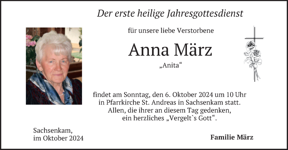  Traueranzeige für Anna März vom 05.10.2024 aus merkurtz