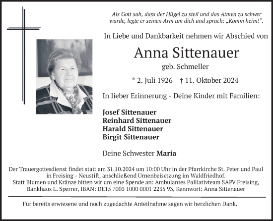 Traueranzeige von Anna Sittenauer von merkurtz