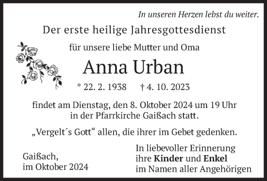 Traueranzeige von Anna Urban von merkurtz