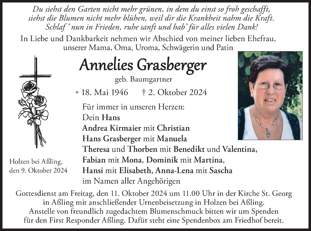  Traueranzeige für Annelies Grasberger vom 09.10.2024 aus merkurtz