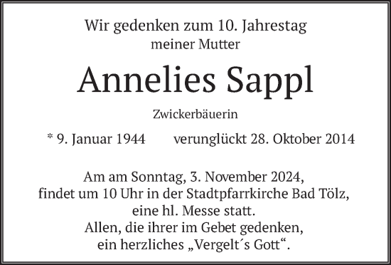 Traueranzeige von Annelies Sappl von merkurtz