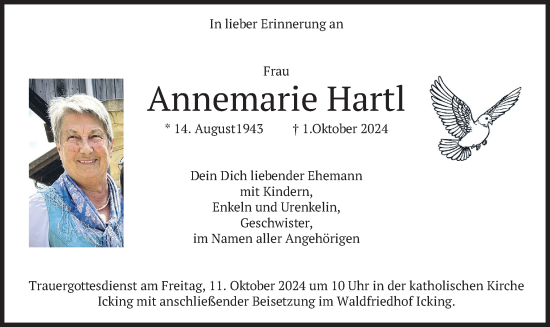 Traueranzeige von Annemarie Hartl von merkurtz