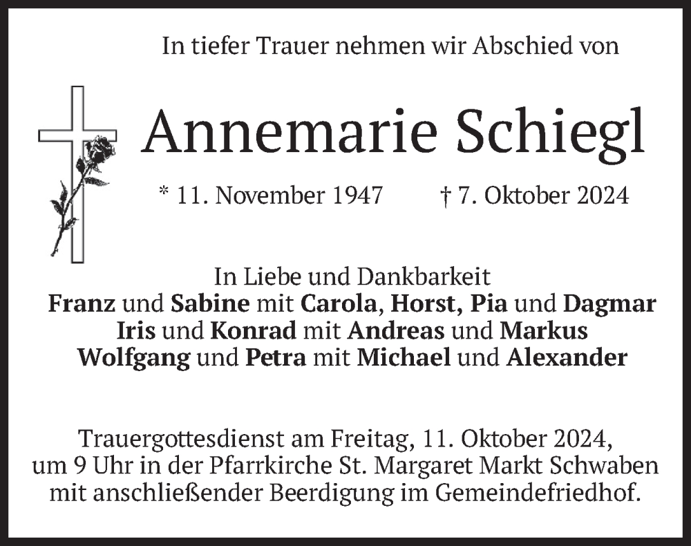  Traueranzeige für Annemarie Schiegl vom 09.10.2024 aus merkurtz