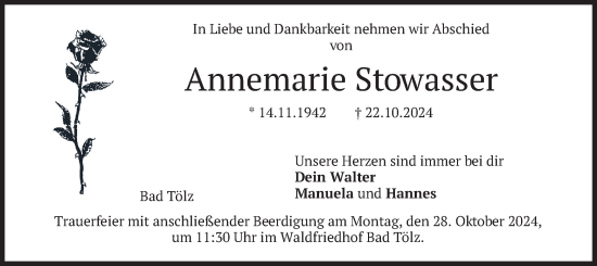 Traueranzeige von Annemarie Stowasser von merkurtz