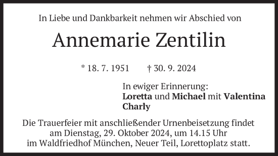 Traueranzeige von Annemarie Zentilin von merkurtz