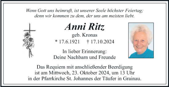 Traueranzeige von Anni Ritz von merkurtz