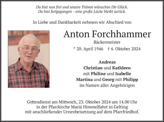 Traueranzeige von Anton Forchhammer von merkurtz