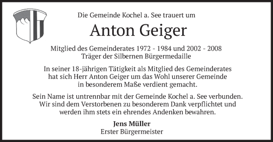 Traueranzeige von Anton Geiger von merkurtz