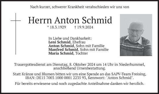 Traueranzeige von Anton Schmid von merkurtz