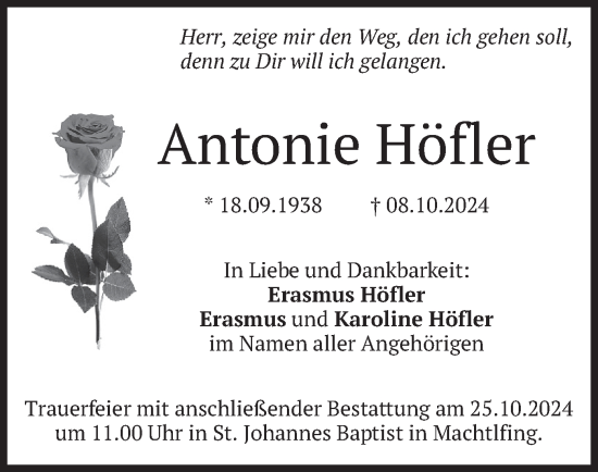 Traueranzeige von Antonie Höfler von merkurtz