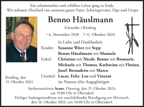 Traueranzeige von Benno Häuslmann von merkurtz