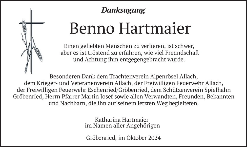  Traueranzeige für Benno Hartmaier vom 26.10.2024 aus merkurtz
