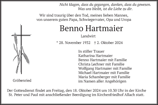 Traueranzeige von Benno Hartmaier von merkurtz