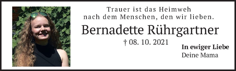  Traueranzeige für Bernadette Rührgartner vom 08.10.2024 aus merkurtz