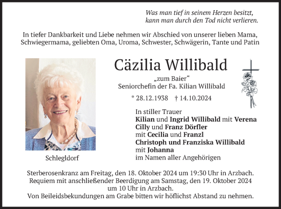 Traueranzeige von Cäzilia Willibald von merkurtz