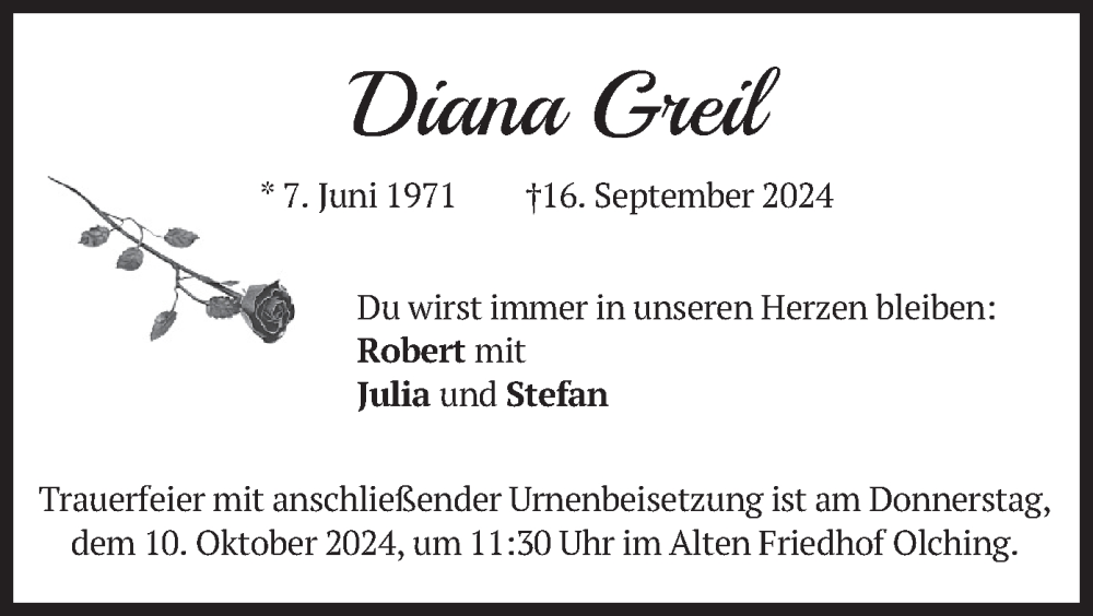  Traueranzeige für Diana Greil vom 05.10.2024 aus merkurtz