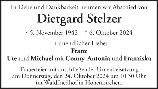 Traueranzeige von Dietgard Stelzer von merkurtz