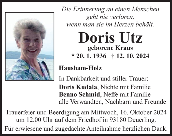 Traueranzeige von Doris Utz von merkurtz