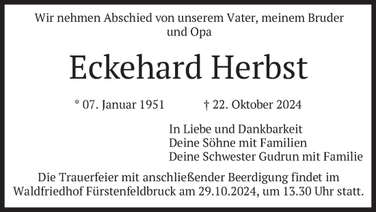 Traueranzeige von Eckehard Herbst von merkurtz