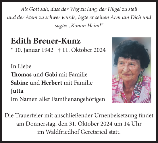 Traueranzeige von Edith Breuer-Kunz von merkurtz