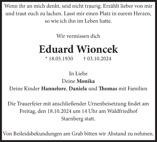Traueranzeige von Eduard Wioncek von merkurtz