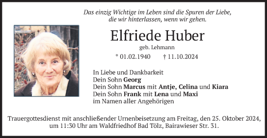 Traueranzeige von Elfriede Huber von merkurtz