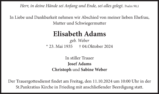 Traueranzeige von Elisabeth Adams von merkurtz