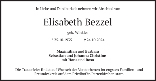 Traueranzeige von Elisabeth Bezzel von merkurtz