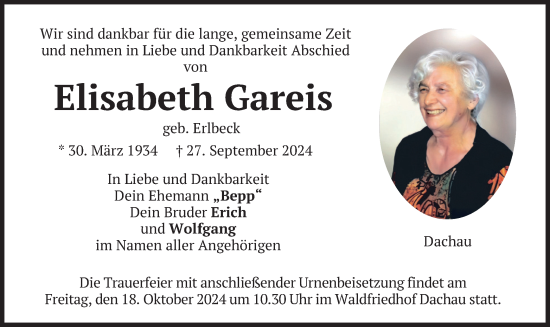 Traueranzeige von Elisabeth Gareis von merkurtz