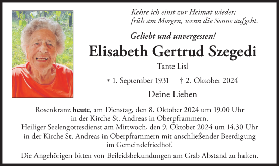 Traueranzeige von Elisabeth Gertrud Szegedi von merkurtz