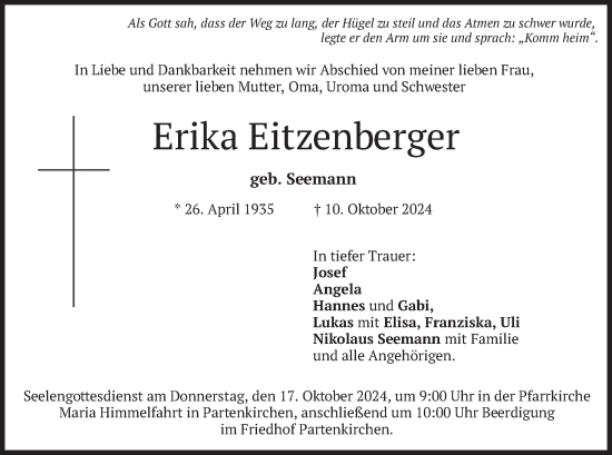 Traueranzeige von Erika Eitzenberger von merkurtz