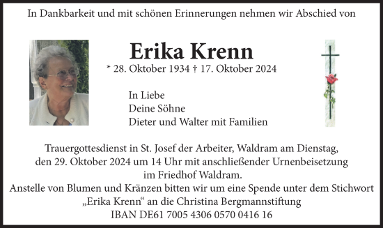 Traueranzeige von Erika Krenn von merkurtz
