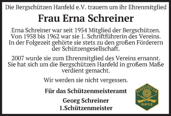 Traueranzeige von Erna Schreiner von merkurtz