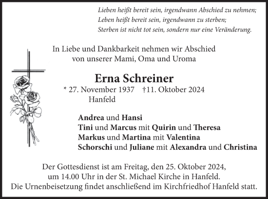 Traueranzeige von Erna Schreiner von merkurtz