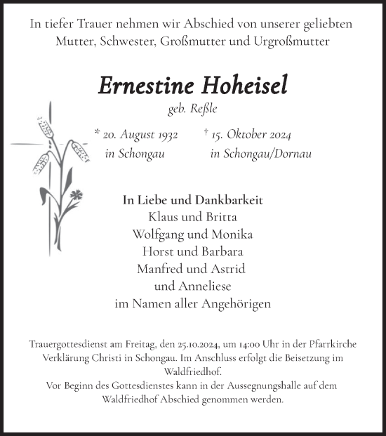 Traueranzeige von Ernestine Hoheisel von merkurtz