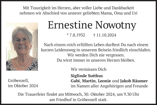 Traueranzeige von Ernestine Nowotny von merkurtz