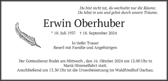 Traueranzeige von Erwin Oberhuber von merkurtz