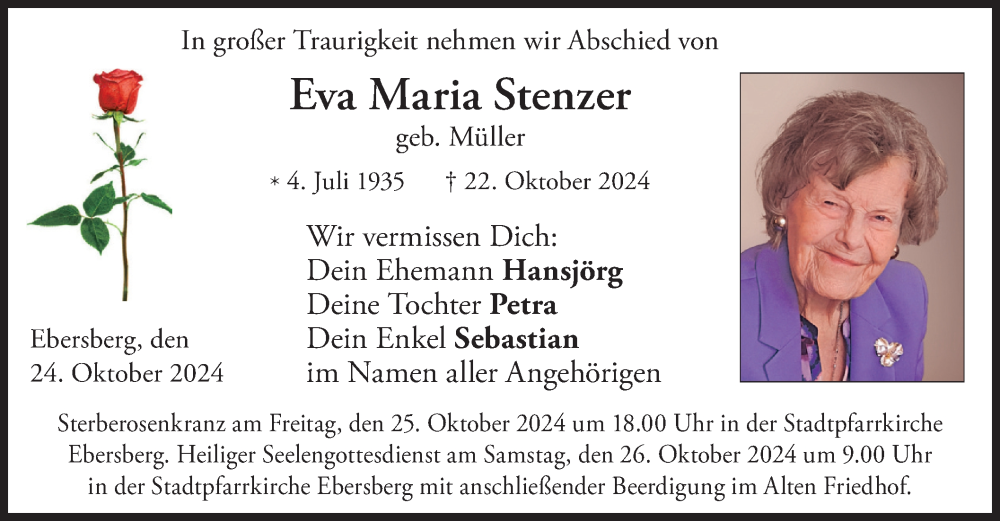  Traueranzeige für Eva Maria Stenzer vom 24.10.2024 aus merkurtz