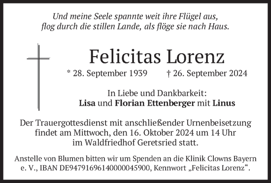 Traueranzeige von Felicitas Lorenz von merkurtz