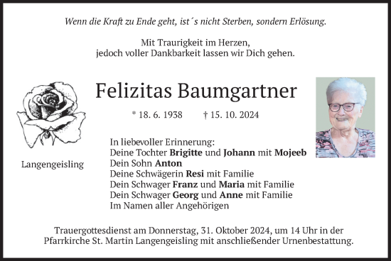 Traueranzeige von Felizitas Baumgartner von merkurtz