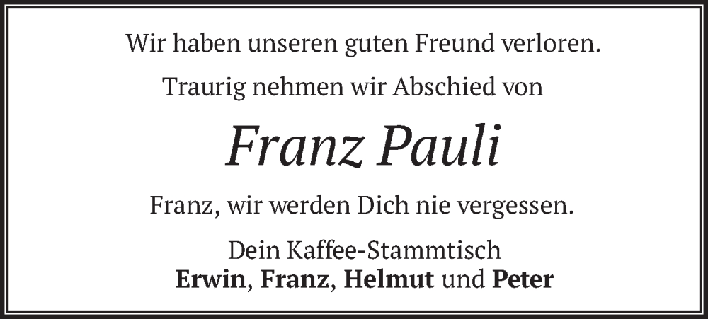  Traueranzeige für Franz Pauli vom 24.10.2024 aus merkurtz