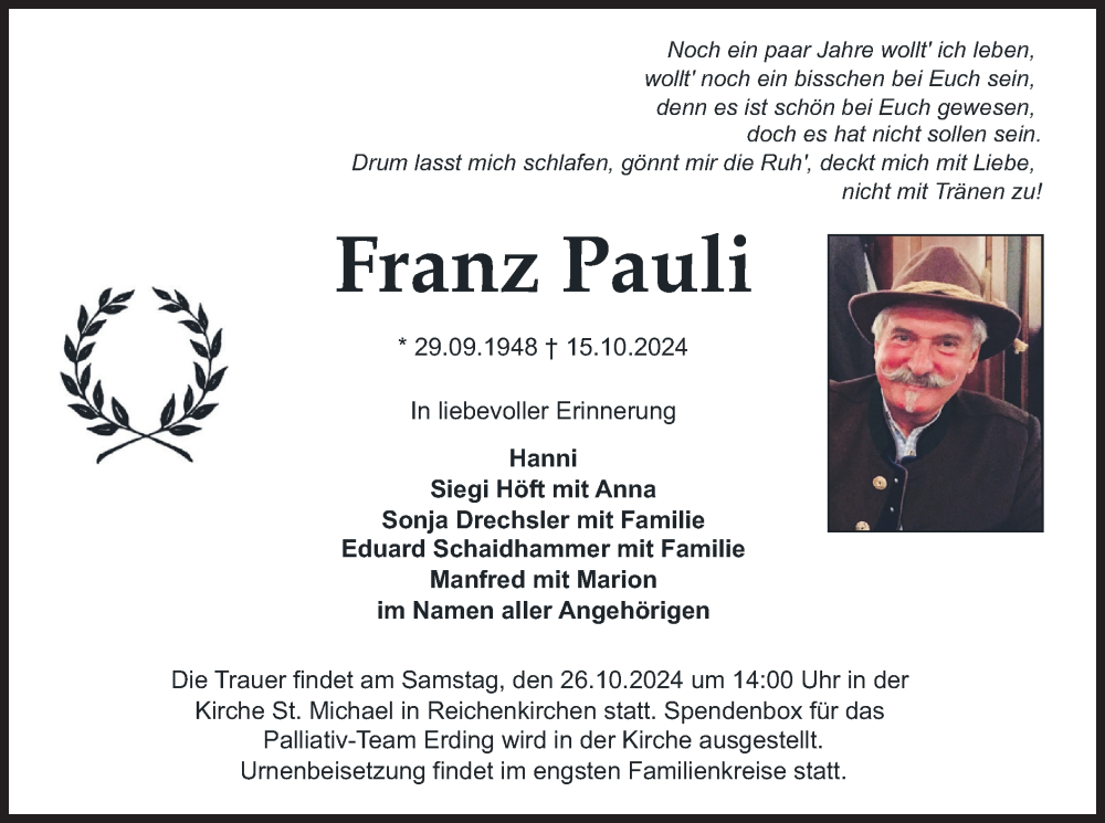  Traueranzeige für Franz Pauli vom 24.10.2024 aus merkurtz