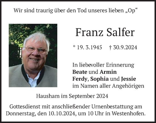 Traueranzeige von Franz Salfer von merkurtz