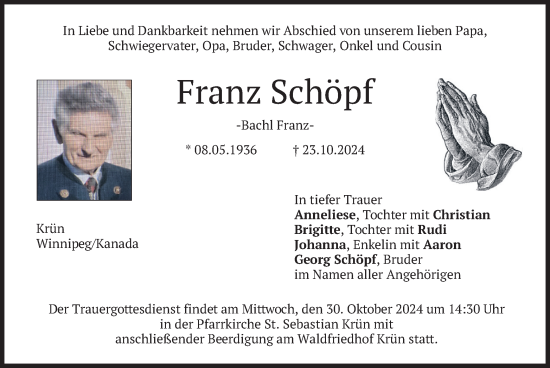 Traueranzeige von Franz Schöpf von merkurtz