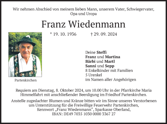 Traueranzeige von Franz Wiedenmann von merkurtz