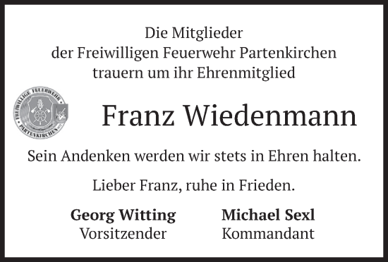 Traueranzeige von Franz Wiedenmann von merkurtz