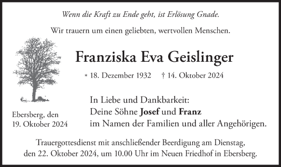 Traueranzeige von Franziska Eva Geislinger von merkurtz