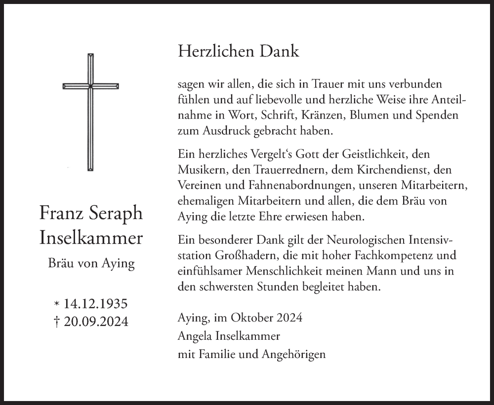  Traueranzeige für Franz Seraph Inselkammer vom 05.10.2024 aus merkurtz