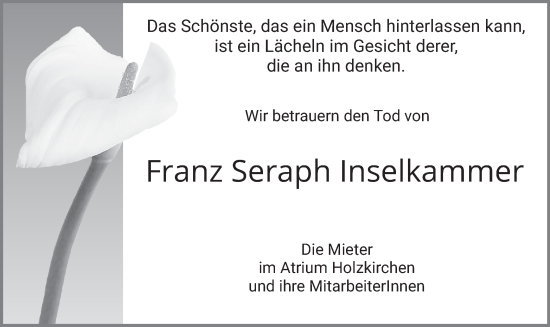 Traueranzeige von Franz Seraph Inselkammer von merkurtz